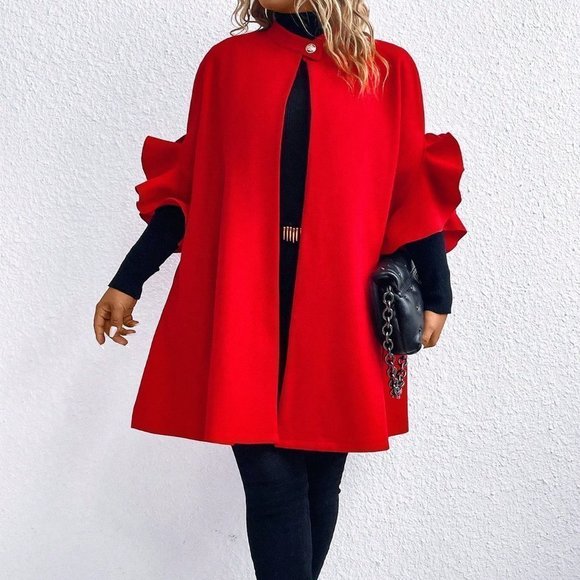 MODA ME COUTURE Jackets & Blazers - Plus Ruffle Trim Batwing Sleeve Overcoat Red